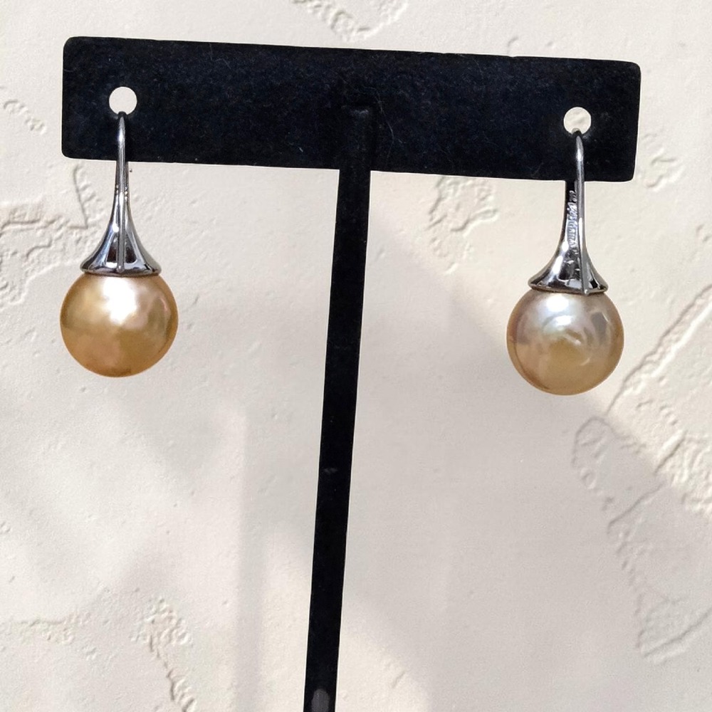 HONORA Champagne Peach Button Pearl Drop Earrings Sterling Silver Vintage